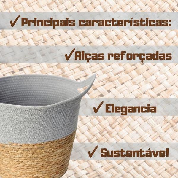 Imagem de Kit 2 Cestos De Fibra Natural E Algodao C/alca 33x28cm Cinza