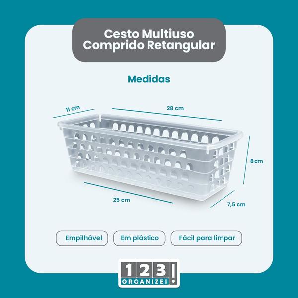 Imagem de Kit 2 Cestos Multiuso Comprido Retangular Transparente 28x11x8 Cm 123Organizei