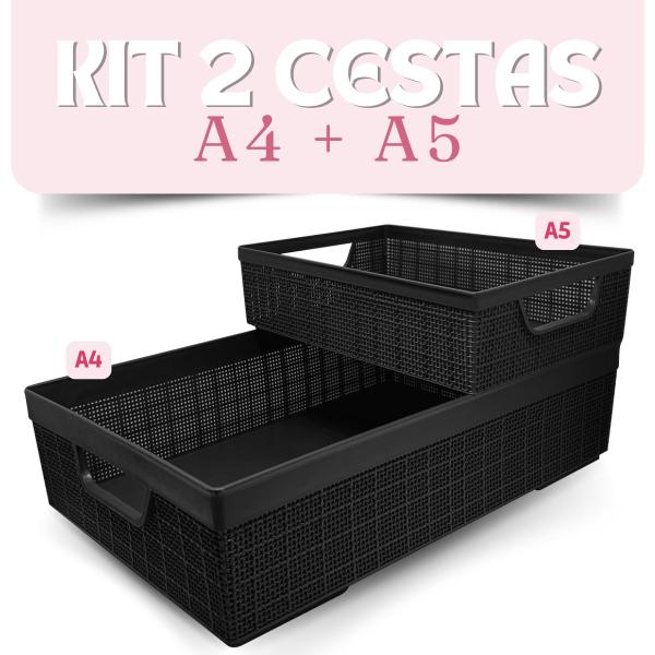 Imagem de Kit 2 Cestos Organizador Juta A4 + A5 Multiuso Preto Jaguar