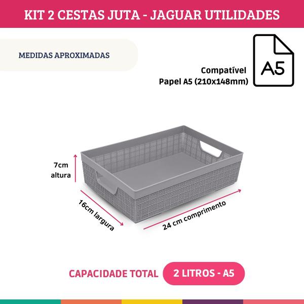 Imagem de Kit 2 Cestos Organizador Juta Multiuso A4 + A5 Cinza Jaguar