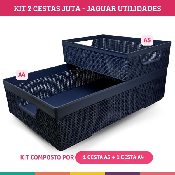 Imagem de Kit 2 Cestos Organizador Juta Multiuso A4 + A5 Marinho Jaguar