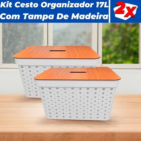 Imagem de Kit 2 Cestos Organizadores Armários Gavetas 17L Com Tampa De Madeira