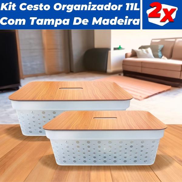 Imagem de Kit 2 Cestos Organizadores Rattan 11L C/ Tampa de Madeira