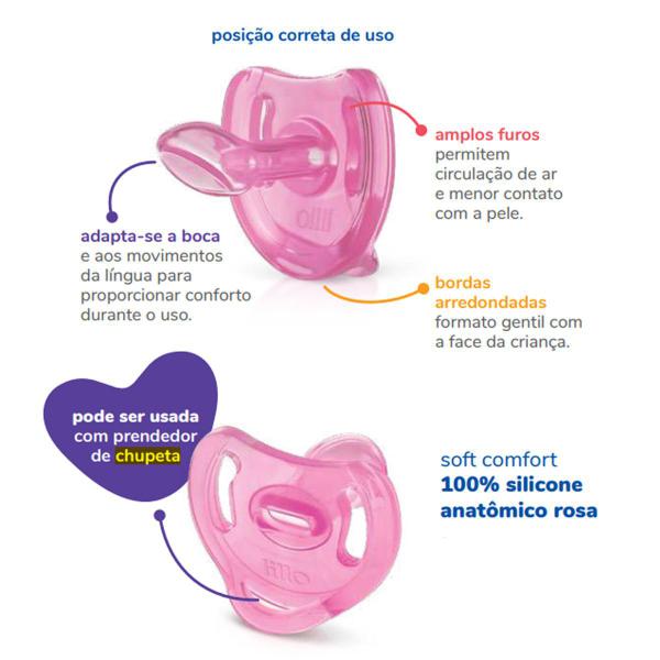 Imagem de Kit 2 Chupeta Lillo 100% Silicone Soft Comfort Tamanho 1 0 a 6 Meses Menina Rosa e Roxo Recém Nascido