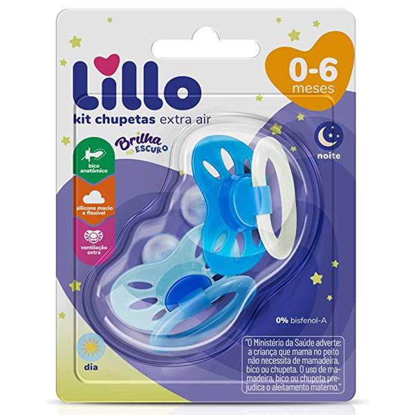 Imagem de Kit 2 Chupetas Extra Air Brilha No Escuro 0m+ Azul - Lillo