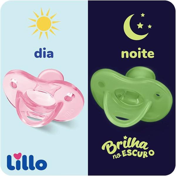 Imagem de Kit 2 Chupetas Lillo 100% Silicone Calming Soft Night 6 a 18 Meses Tamanho 2 Brilha no Escuro