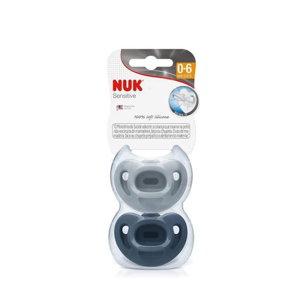 Kit 2 Chupetas Sensitive Soft 100% Silicone 0m+ Azul - NUK Imagem de Kit 2 Chupetas Sensitive Soft 100% Silicone 0m+ Azul - NUK