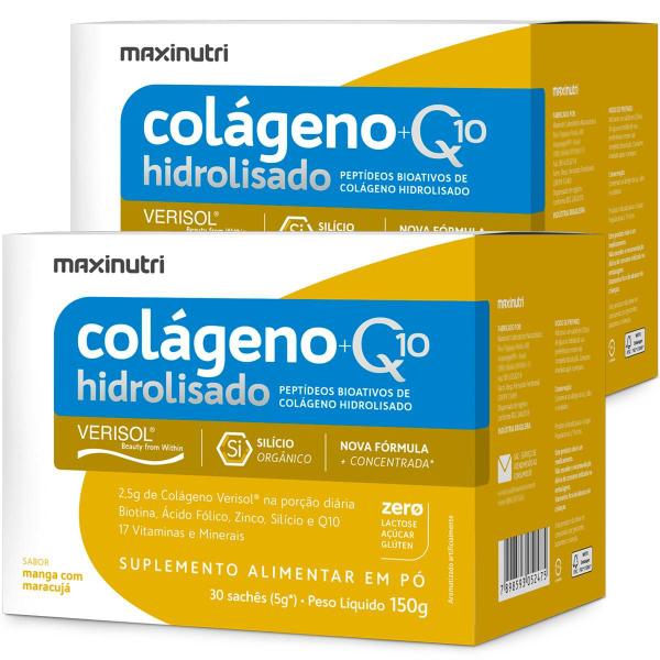 Imagem de Kit 2 Colágeno Hidrolisado Verisol com Q10 Silício Orgânico Biotina Ácido Fólico Vitaminas e Minerais Sabor Manga com Maracujá Maxinutri