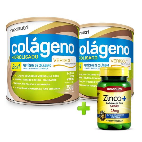 Imagem de Kit 2 Colageno Hidrolisado Verisol Uva Verde 250g + Zinco Quelato