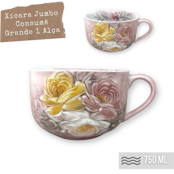 Imagem de KIT 2 Consumê Jumbo Porcelana Xícara Grande Sopa Cereal 750 ml ROSAS BRANCA ROSA AMARELA/ROSA