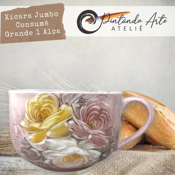 Imagem de KIT 2 Consumê Jumbo Porcelana Xícara Grande Sopa Cereal 750 ml ROSAS BRANCA ROSA AMARELA/ROSA