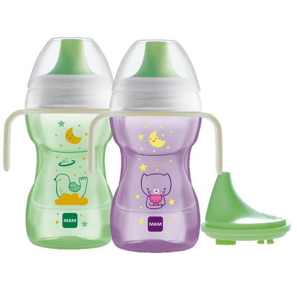 Imagem de Kit 2 copo mam fun to drink com bocal reposição extra night brilha no escuro 270ml 8+ meses bocal rígido