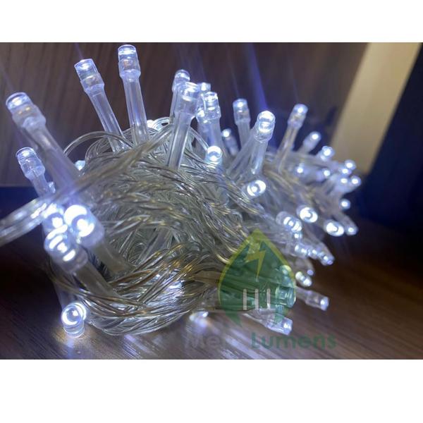 Imagem de Kit 2 Cordão 100 Led Fixo Branco Frio Fio Transparente 127v