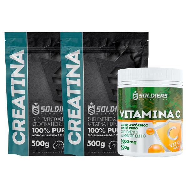 Imagem de Kit: 2 Creatinas Monohidratada 500g + Vitamina C Em Pó 500g - 100% Pura Importada - Soldiers Nutrition