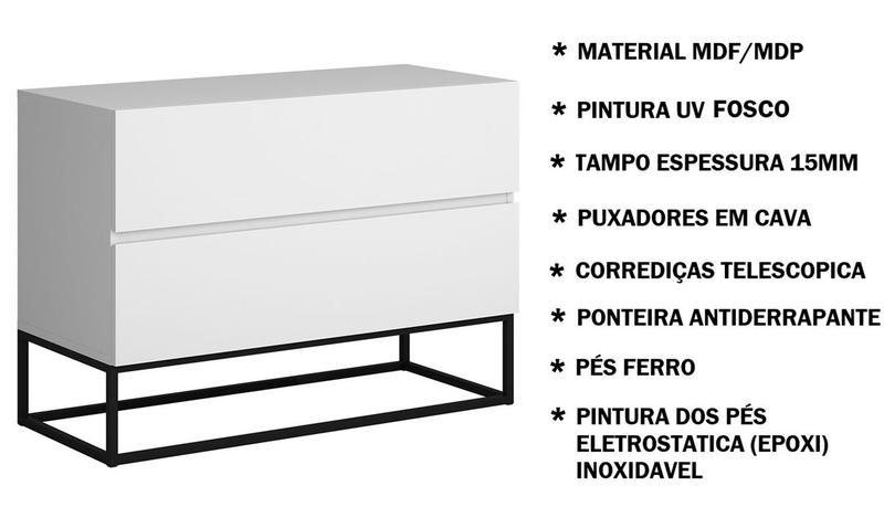 Imagem de Kit 2 Criados Industrial Com Pés De Ferro Preto 2 Gavetas Puxador Cava Eros 60cm Para Lateral de Cama