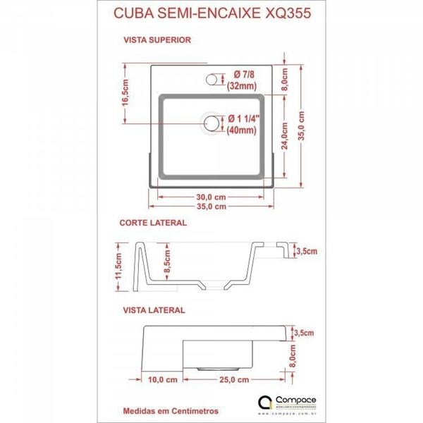 Imagem de Kit 2 Cubas de Semi Encaixe para Banheiro Xq355 Quadrada Compace Branco