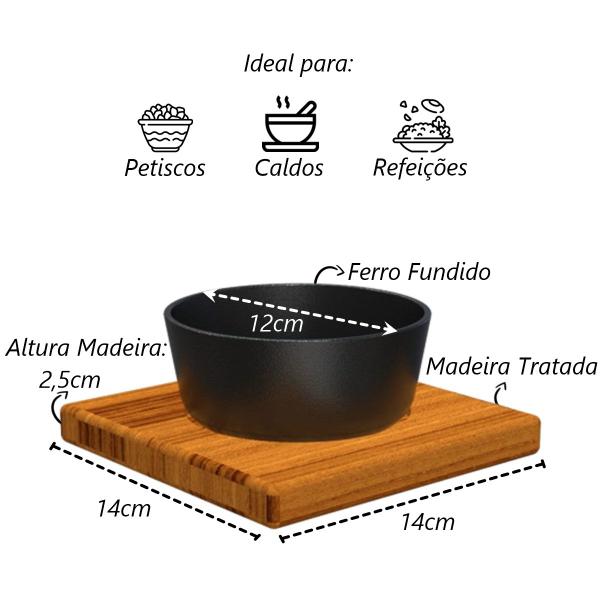 Kit 2 Cumbuca de Ferro Fundido Suporte Madeira Petisco 12cm - Libaneza Imagem de Kit 2 Cumbuca de Ferro Fundido Suporte Madeira Petisco 12cm