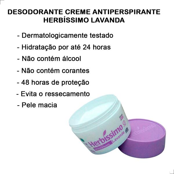 Imagem de Kit 2 Desodorante Creme Antiperspirante Herbíssimo Fragrância Lavanda Pele Perfumada Livre de Álcool Proteção 48H 55g