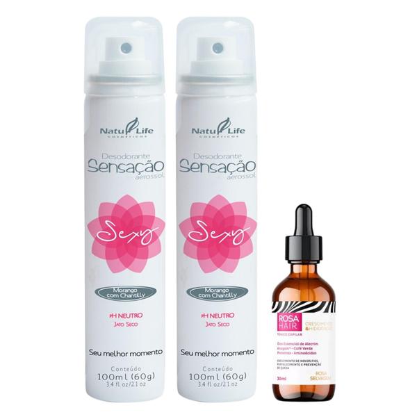 Imagem de Kit 2 Desodorante Íntimo Sensação Sexy Morango com Chantilly + 1 Tônico Capilar Crescimento e Hidratação Rosa Hair