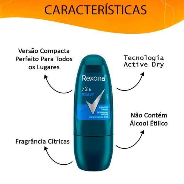 Imagem de Kit 2 Desodorante Roll On Antitranspirante Rexona Men Active Dry 72h 30ml