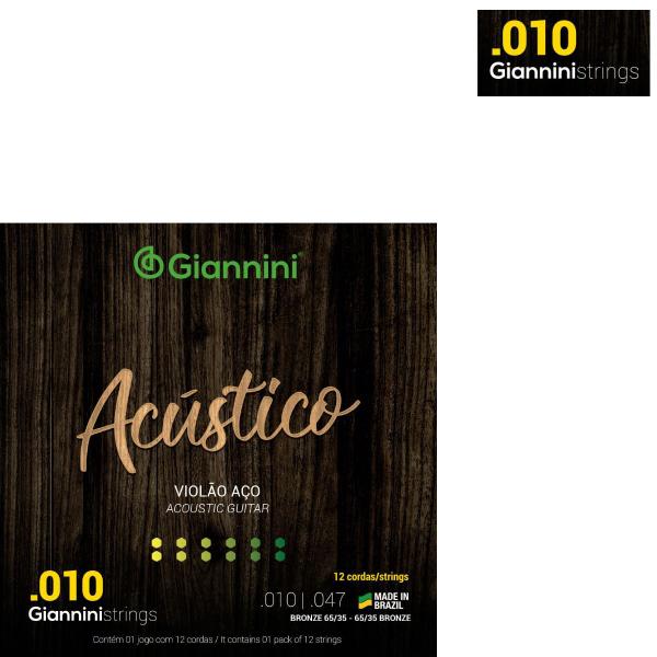 Imagem de Kit 2 Encordoamento Violão Giannini Acústico GESWA12 Bronze 65/35 0.010"