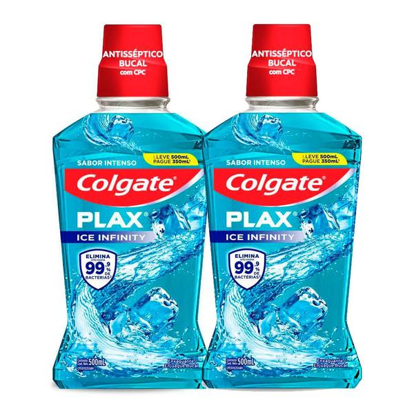 Imagem de Kit 2 Enxaguante Bucal Colgate Plax Ice Infinity Refrescância Leve 500ml Pague 350ml