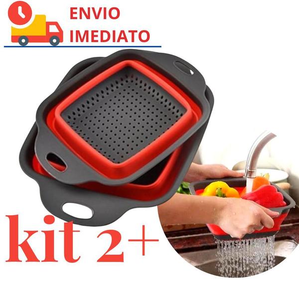 Imagem de Kit 2 Escorredor de Alimentos Dobrável Retrátil Peneira de Silicone para Legumes Massas Frutas Multiuso Quadrado