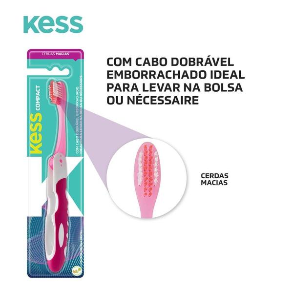 Imagem de Kit 2 Escovas Dentais Cabo Dobrável Cerdas Macias Rosa Kess