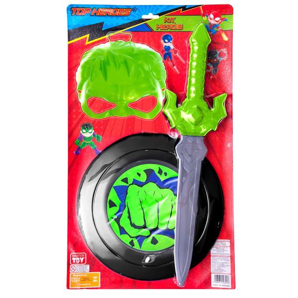 Kit 2 Espada Escudo e Máscara Infantil herói Verde Huk de Brinquedo - Toy Master Imagem de Kit 2 Espada Escudo e Máscara Infantil herói Verde Huk de Brinquedo