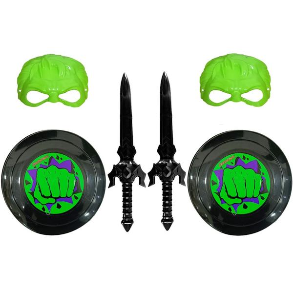 Kit 2 Espada Escudo e Máscara Infantil herói Verde Huk de Brinquedo - Toy Master Imagem de Kit 2 Espada Escudo e Máscara Infantil herói Verde Huk de Brinquedo