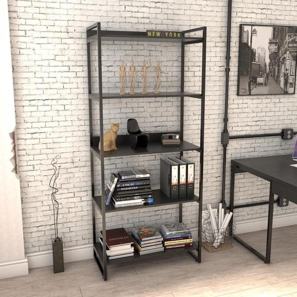 Imagem de Kit 2 Estantes Livreiro Prisma Estilo Industrial 80cm 5 Prateleiras Preto Onix - Mpozenato