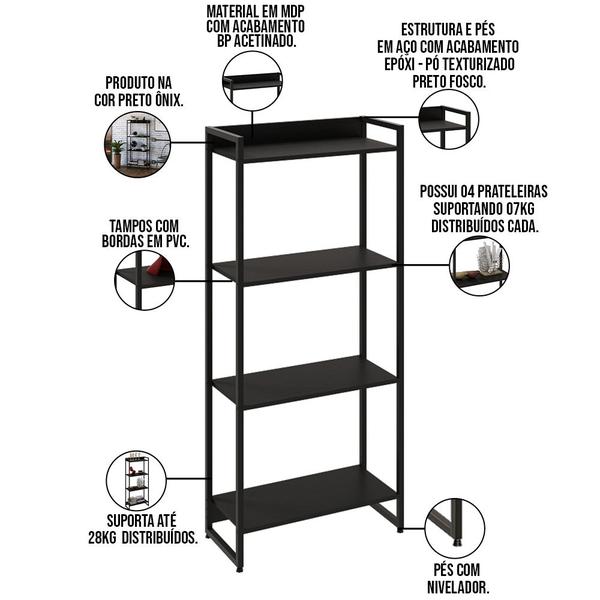 Imagem de Kit 2 Estantes Multiuso Escritório Industrial 4 Prateleiras Areta 145x60cm C01 Onix - Lyam Decor