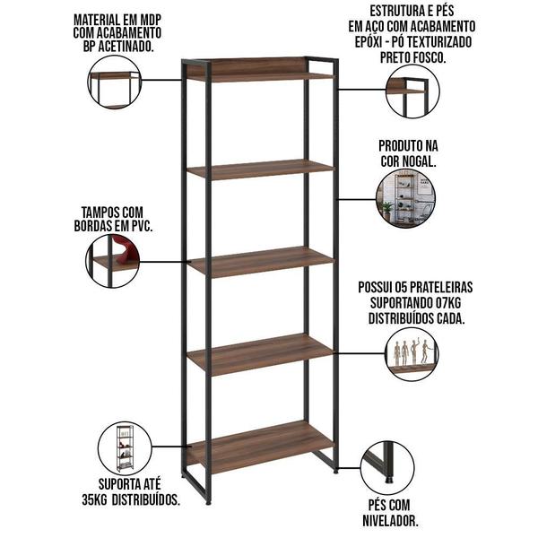Imagem de Kit 2 Estantes Multiuso Escritório Industrial 5 Prateleiras Areta 186x60cm C01 Nogal - Lyam Decor
