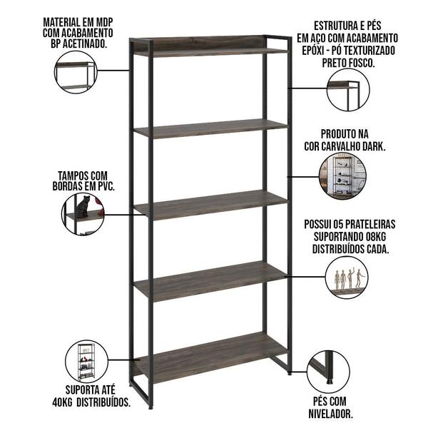 Imagem de Kit 2 Estantes Multiuso Industrial 5 Prateleiras Areta 186x80cm C01 Carvalho Dark - Lyam Decor