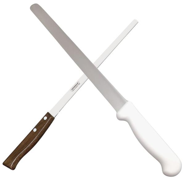 Imagem de Kit 2 Facas Fiambre 37cm + 45cm Cozinha Açouque Profissional Lâmina Aço Inox Cabo Madeira e Polipropileno