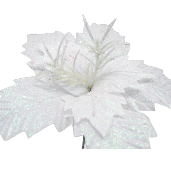 Imagem de Kit 2 Flores Artificial Gliter Branco Enfeite Natalino 25cm