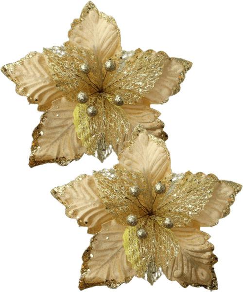 Kit 2 Flores Artificial Glitter Dourado Enfeite Natal 25cm - Genérico Imagem de Kit 2 Flores Artificial Glitter Dourado Enfeite Natal 25cm