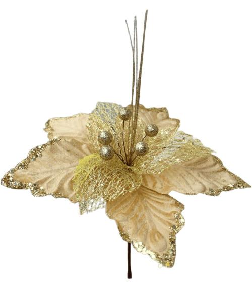 Kit 2 Flores Artificial Glitter Dourado Enfeite Natal 25cm - Genérico Imagem de Kit 2 Flores Artificial Glitter Dourado Enfeite Natal 25cm