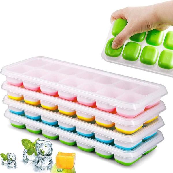 Imagem de Kit 2 Forma De Gelo Com Tampa Rígida Fundo Silicone Flexível 14 Cubos Retangular Lavável Forminhas Multiuso Papinha Temperos Ice