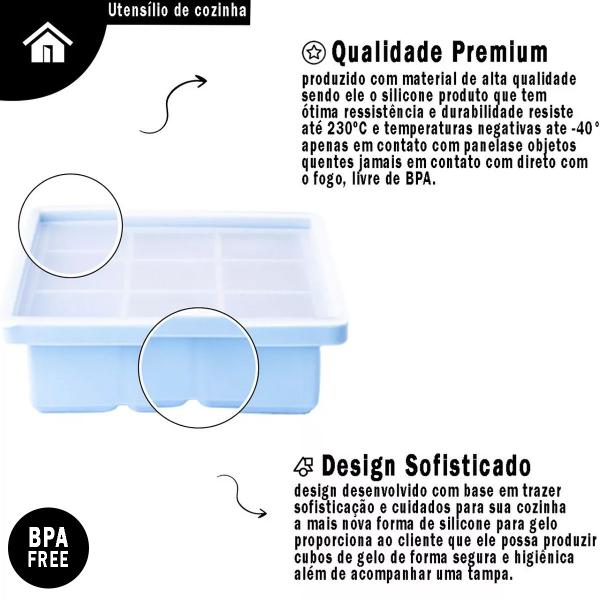 Imagem de Kit 2 Formas de Silicone Para Gelo Quadrada 9 Cubos Para Cozinha Com Tampa Utensílio de Casa 221309