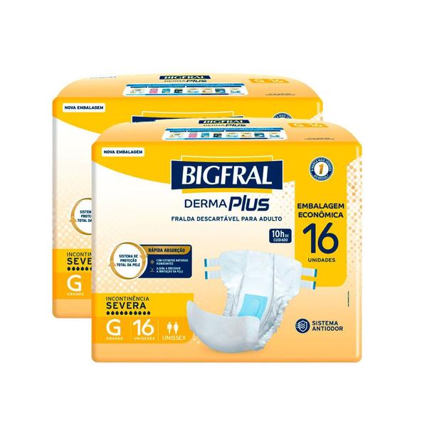 Imagem de Kit 2 Fralda Bigfral Derma Plus Econômica G 16 Unidades