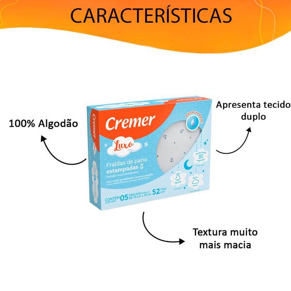 Imagem de Kit 2 Fralda de Pano Cremer Luxo Estampa Masculina Algodão Tecido Duplo 5 Uni