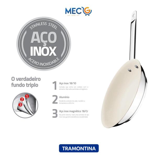 Kit 2 Frigideira Profissional Cerâmica Rasa Bege Tramontina Gourmet Chef Restaurante Cozinha Indução - TRAMONTINA FARROUPILHA S/A IND. MET. Imagem de Kit 2 Frigideira Profissional Cerâmica Rasa Bege Tramontina Gourmet Chef Restaurante Cozinha Indução
