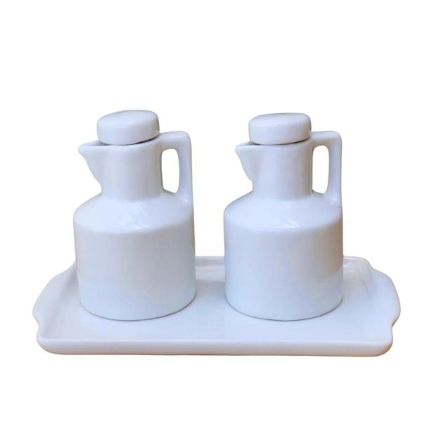 Imagem de Kit 2 Galheteiro 100ml Azeite e Vinagre + Bandeja - Porcelana Branca