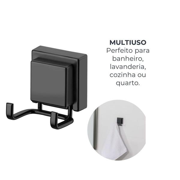 Imagem de Kit 2 Ganchos Duplo com Ventosa Multiuso para Banheiro Lavanderia Cozinha Preto Fosco Future