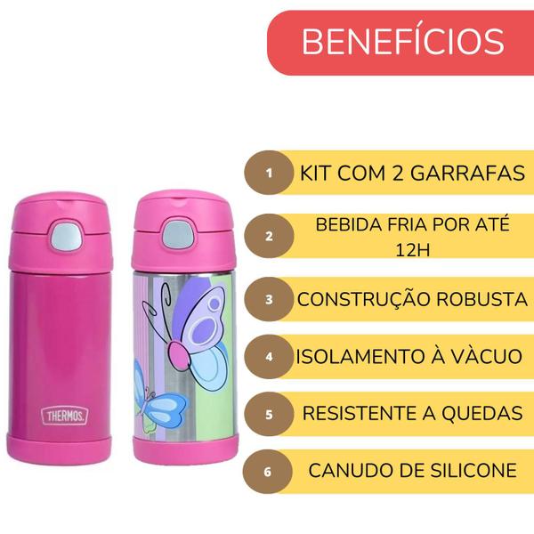 Imagem de Kit 2 Garrafa Térmica Infantil Thermos Canudo Com Alça