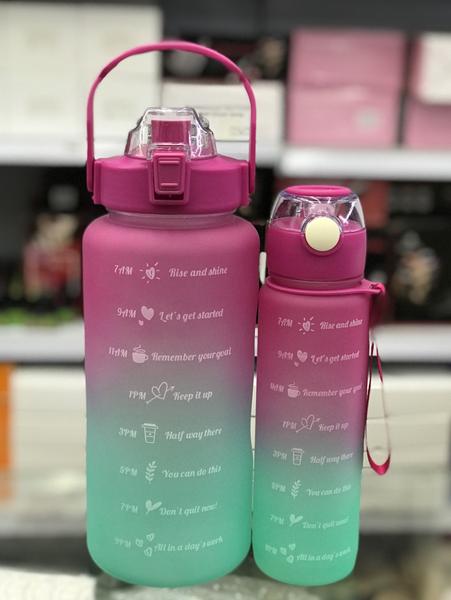 Imagem de Kit 2 Garrafas De Água Motivacional 2Litros e 800ml Squeeze Com Canudo E Adesivos 3D