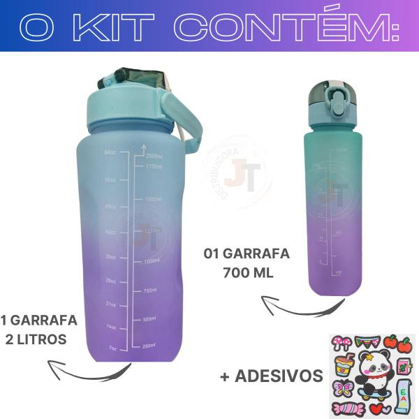 Imagem de Kit 2 Garrafas Galão Água 2L e 700ml Squeeze Antivazamento Grande Treino Academia Motivacional 2 litros Fitness Degradê