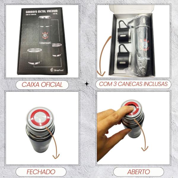 Imagem de Kit 2 Garrafas Térmica Preta 420ml com 6 Canecas G  Quente Frio VácuoTime Corinhians Oficial