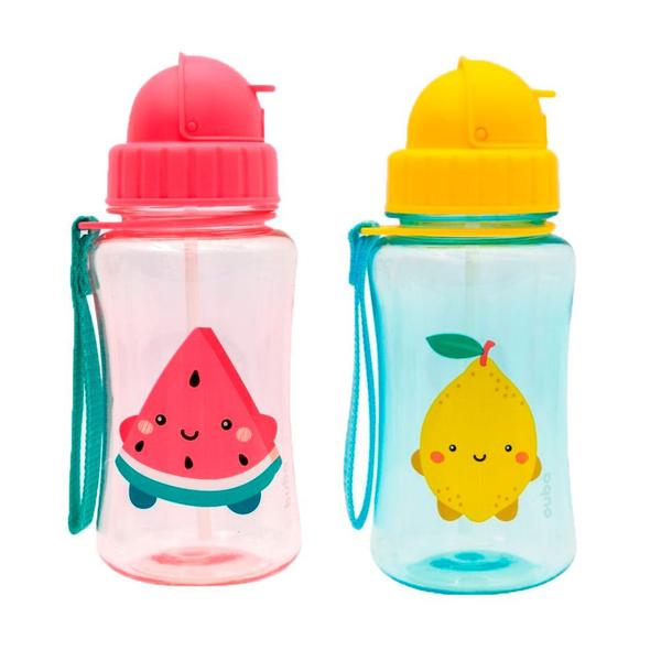 Imagem de Kit 2 garrafinha infantil frutti 400 ml buba canudo retrátil silicone